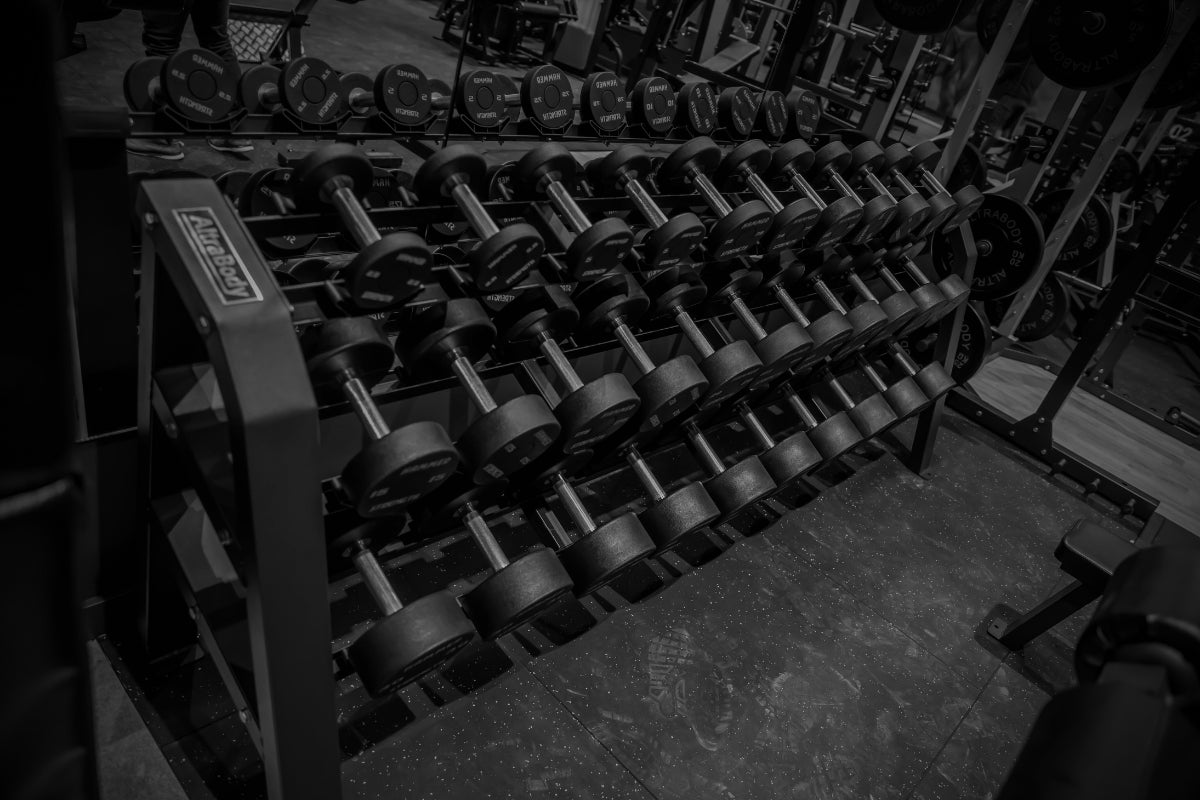 Custom branded dumbbells on a rack